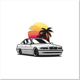 White E38 classic saloon in sunset Posters and Art